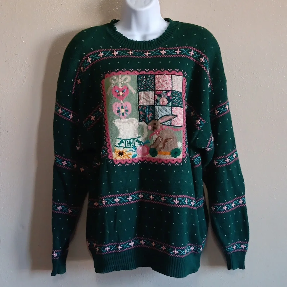 Northern Isles II Hand Embroidered Vintage Bunny Cottage Sweater Green Fall Knit - Picture 7 of 10